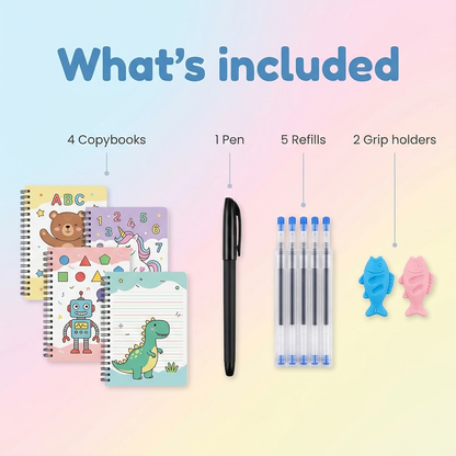 What's included - 4 copybooks, pen, refills, grips